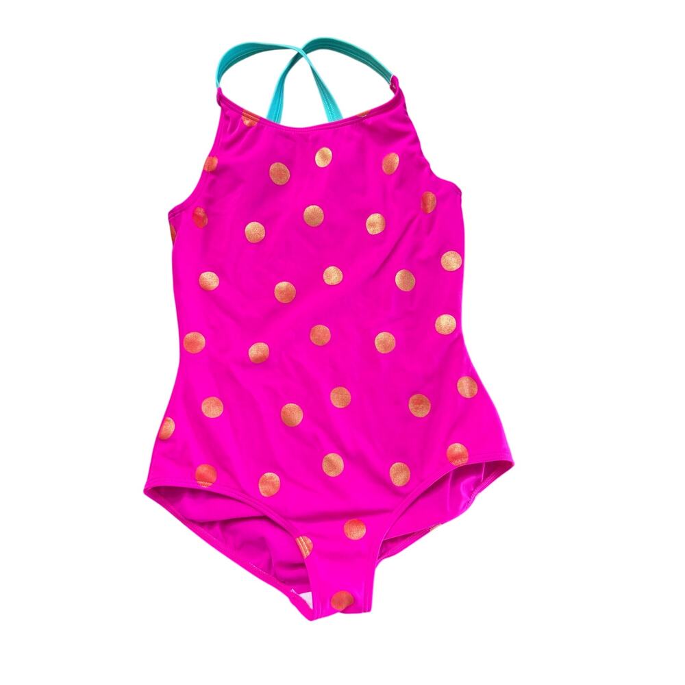 Boden Swimsuit Cross-Back Printed Fuchsia Pink Foil Spot Size 11-12Y